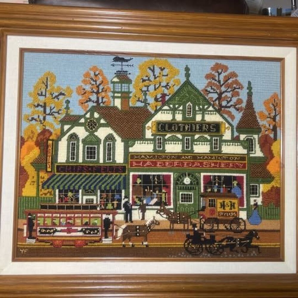 Dimensions #2172 "Village Shopping" Needlepoint -- Finished & Framed Charles Wys